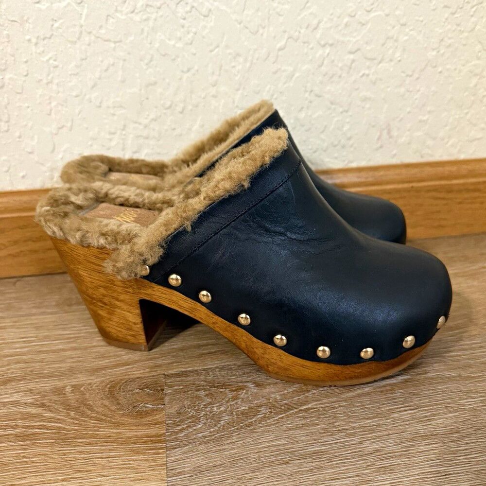 Beek Woodpecker Shearling Clog Women's Black Leather Studded Slip-On 7 Heel Y2K
